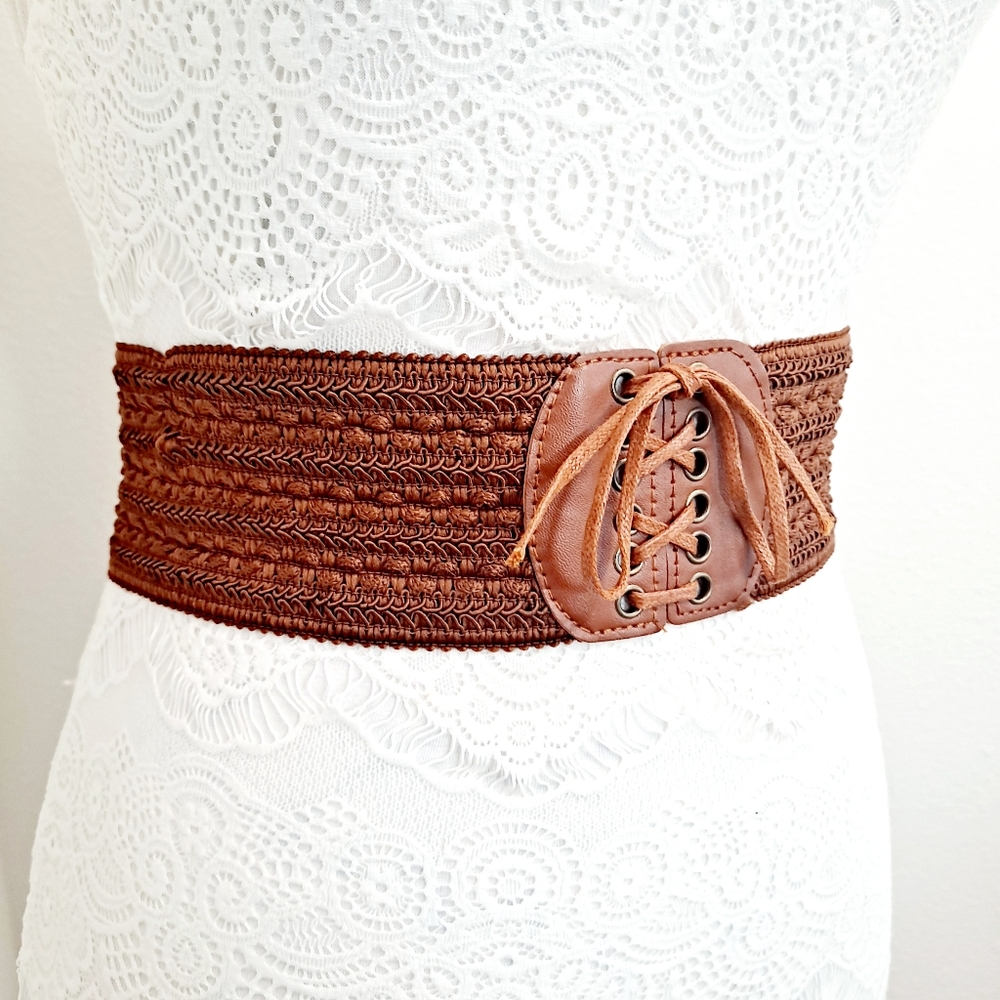 Lace up boho Brown woven corset wide elastic stretch vintage style waist belt - Picture 14 of 14
